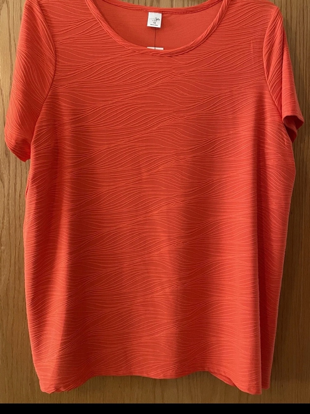 Womens 1X East 5th Orange Short-Sleeve Wave Textured Tee NEW $36 stretch
